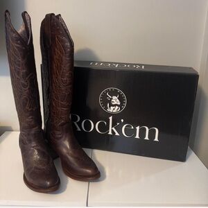Rock'em Brown Embroidered Leather Cowboy Boots -knee high